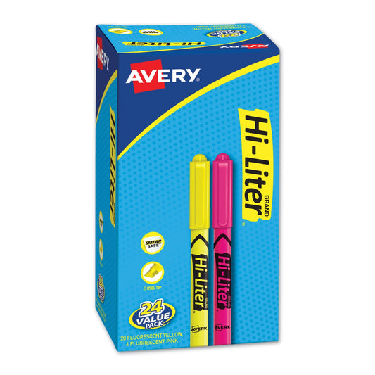 Avery HI-LITER Pen-Style Highlighter Value Pack, Assorted Ink Colors, Chisel Tip, Assorted Barrel Colors, 24/Pack