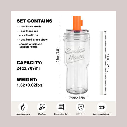 CAPCUP 2-Pack 24Oz Leak Proof Glass Tumbler with Lid & Straw - Thickened for Iced Coffee, Smoothies,Cocktails and Juices-Elegant Durable for Home, Office,Travel- Dishwasher Safe Reusable Water Bottles