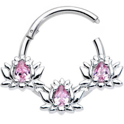 16G 3/8 Pink CZ Gem Triple Lotus Hinged Segment Ring