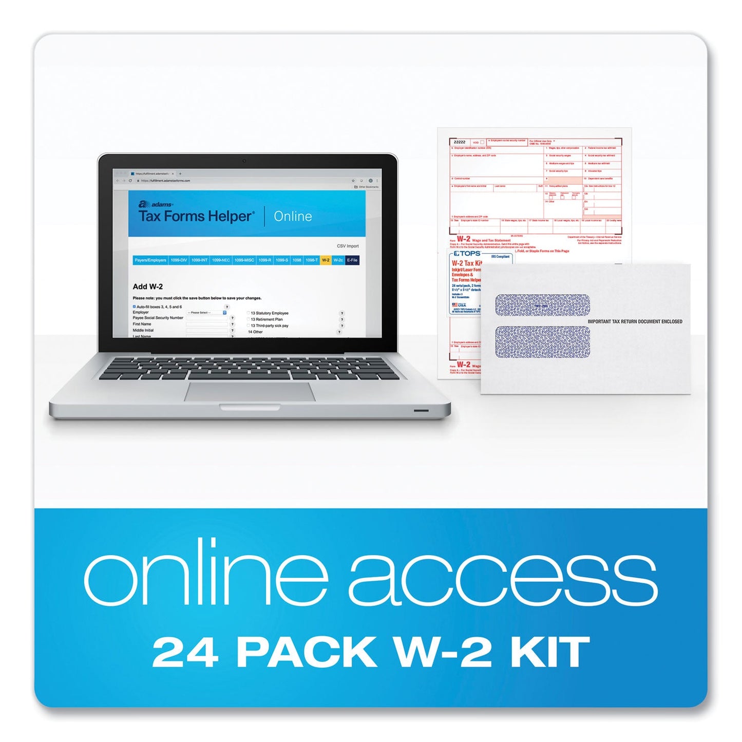 TOPS W-2 Tax Form/Envelope Kits, Six-Part Carbonless, 8.5 x 5.5, 2/Page, (24) W-2s and (1) W-3, 24/Sets
