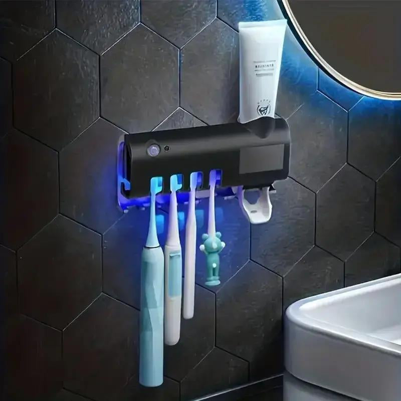 3-In-1 Toothbrush Holder with Smart Automatic Toothpaste Dispenser USB Charging Wall-Mounted Bathroom Storage Box Holds up to 4 Brushes Simultaneously Space-Saving