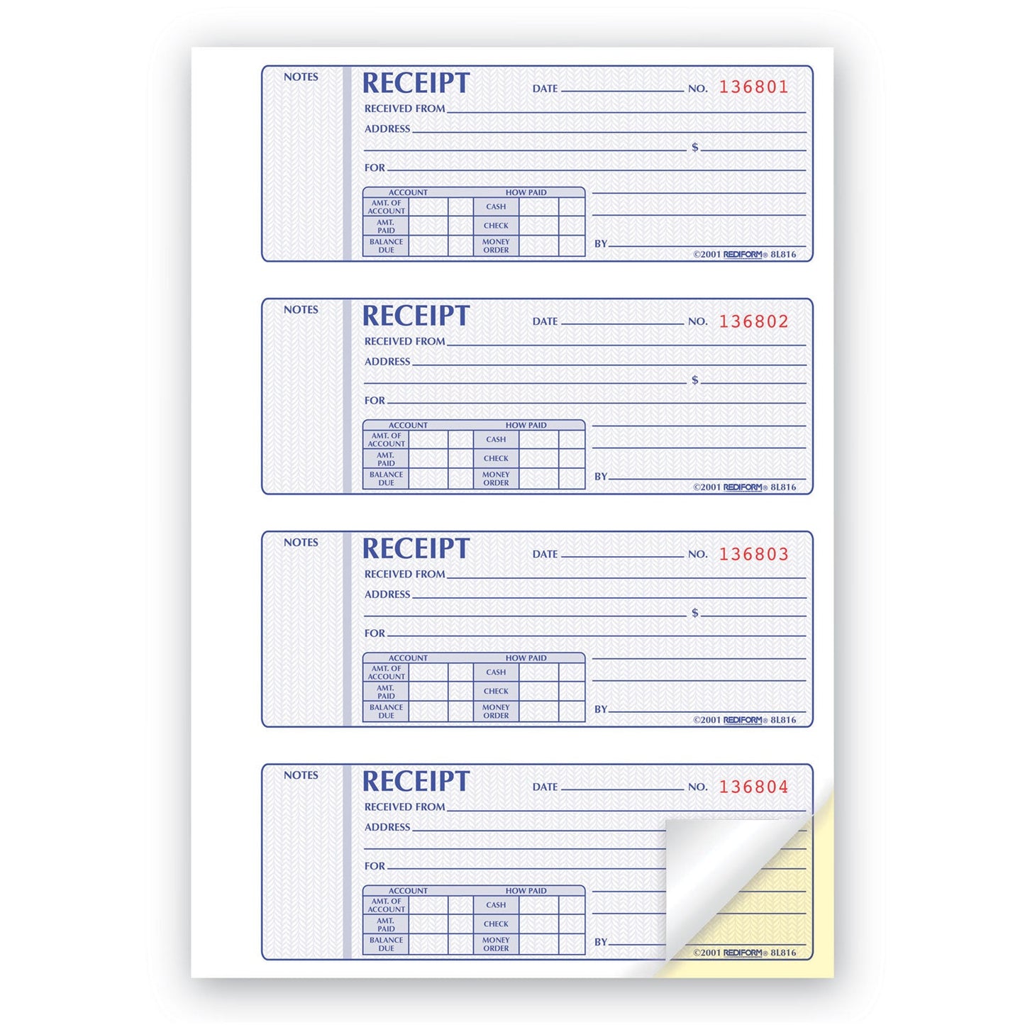 Rediform Receipt Book,Two-Part Carbonless, 7 x 2.75, 4/Page, 400 Forms