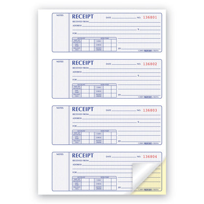 Rediform Receipt Book,Two-Part Carbonless, 7 x 2.75, 4/Page, 400 Forms