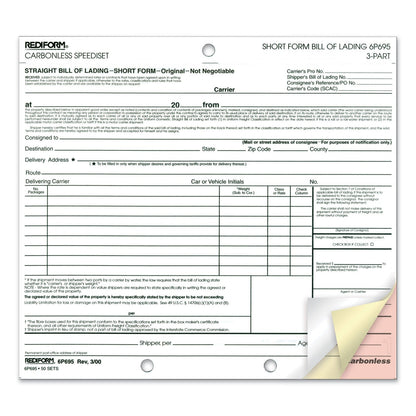 Rediform Bill of Lading, Short Form, Three-Part Carbonless, 7 x 8.5, 1/Page, 50 Forms