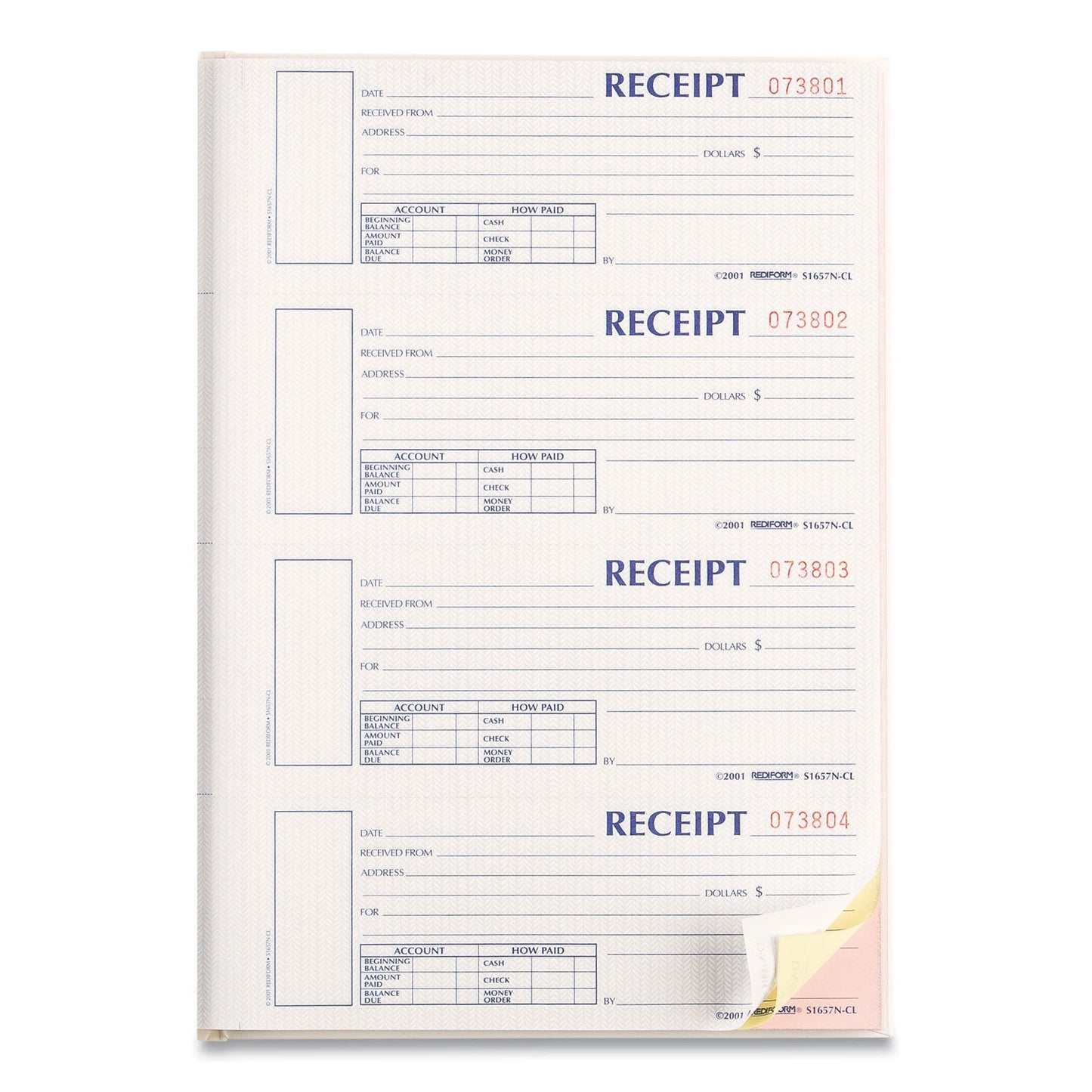 Rediform Hardcover Numbered Money Receipt Book, Three-Part Carbonless, 6.78 x 2.75, 4/Page, 200 Forms