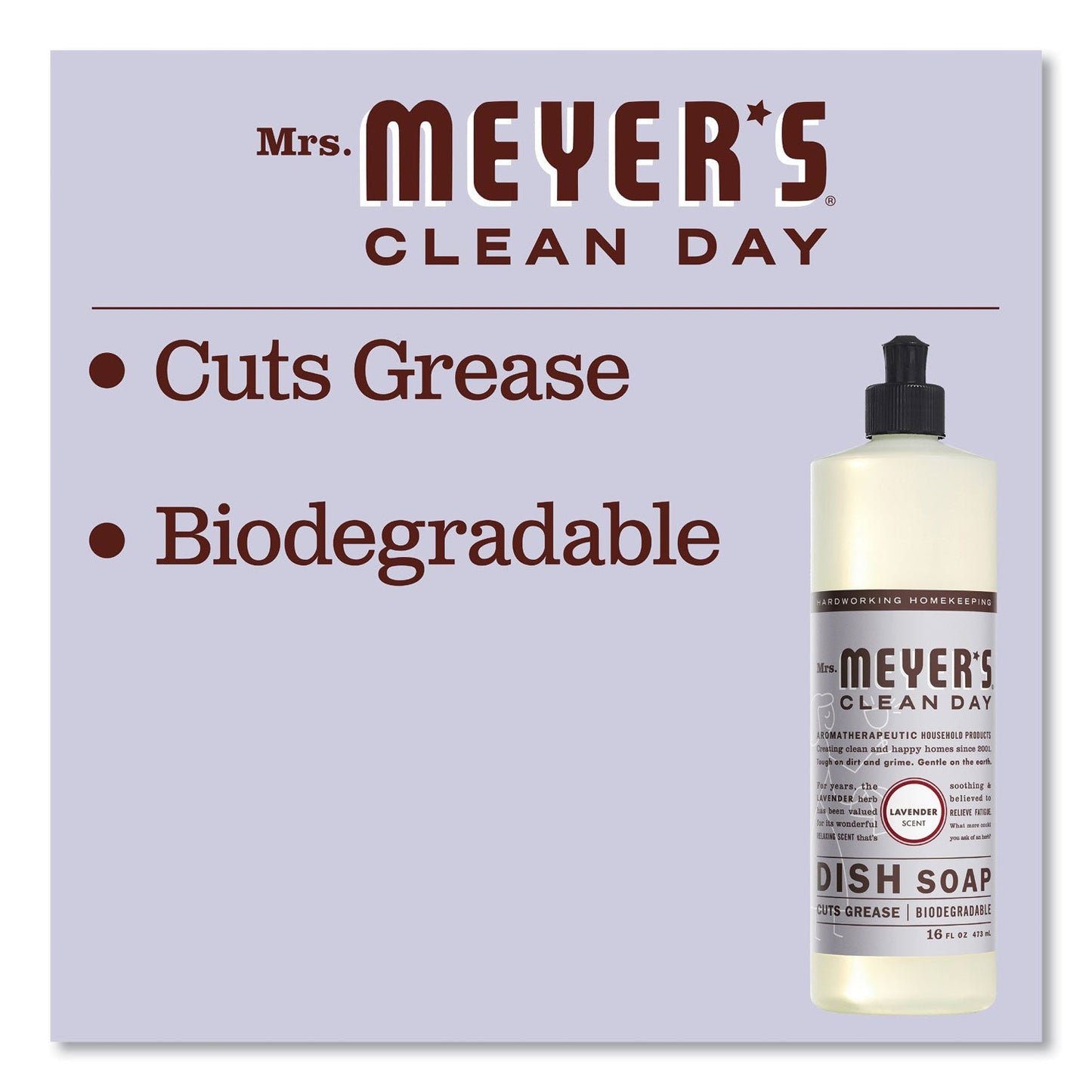 Mrs. Meyer's Dish Soap, Lavender Scent, 16 oz Bottle, 6/Carton