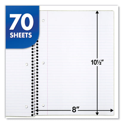 Mead Spiral Notebook, 1 Subject, Medium/College Rule, Assorted Covers, 10.5 x 8, 70 Sheets, 6/Pack
