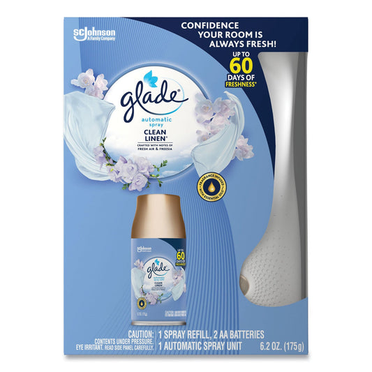 Glade Automatic Spray Starter Kit, Spray Unit and Refill, White/Gold, Clean Linen, 4/Carton