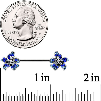 14G 9/16 Clear Blue Gem Evening Flower Barbell Nipple Ring Set