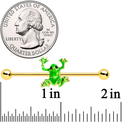 14G Gold Tone Green Tree Frog Industrial Barbell 38mm