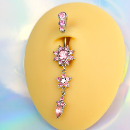 Pink Gem Triple Top Double Flower Drop Dangle Belly Ring