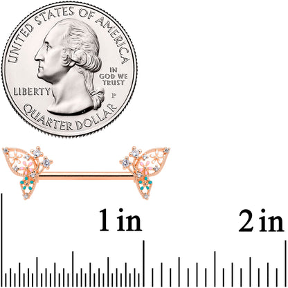 14G 9/16 Clear CZ Gem Rose Gold Hue Butterfly Nipple Ring Set
