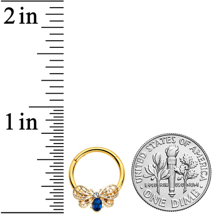 16G 3/8 Blue Gem Gold Tone Beautiful Bee Hinged Segment Ring