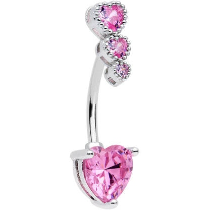 Pink CZ Gem Triple Heart Drop Heart Valentines Day Belly Ring