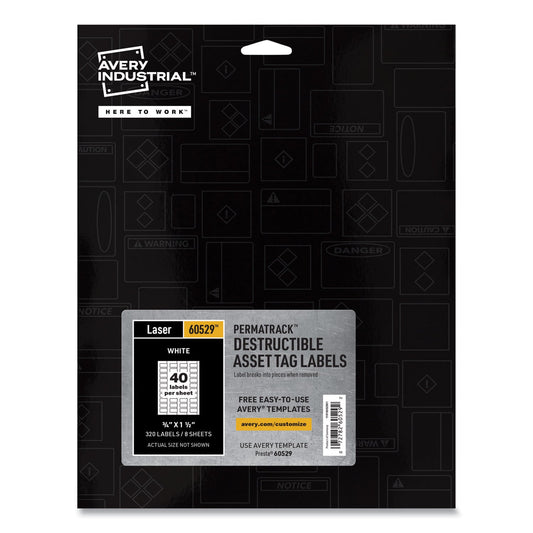Avery PermaTrack Destructible Asset Tag Labels, Laser Printers, 0.75 x 1.5, White, 40/Sheet, 8 Sheets/Pack