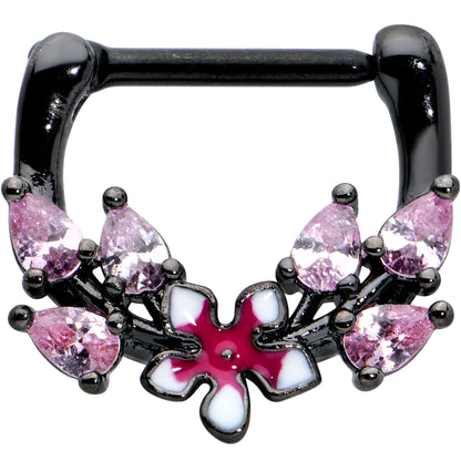 16G 5/16 Pink Gem Black Fanciful Flower Cartilage Clicker