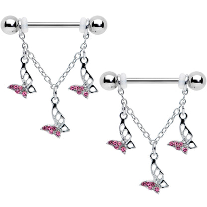 14G 9/16 Pink Gem Open Butterfly Chain Dangle Nipple Ring Set