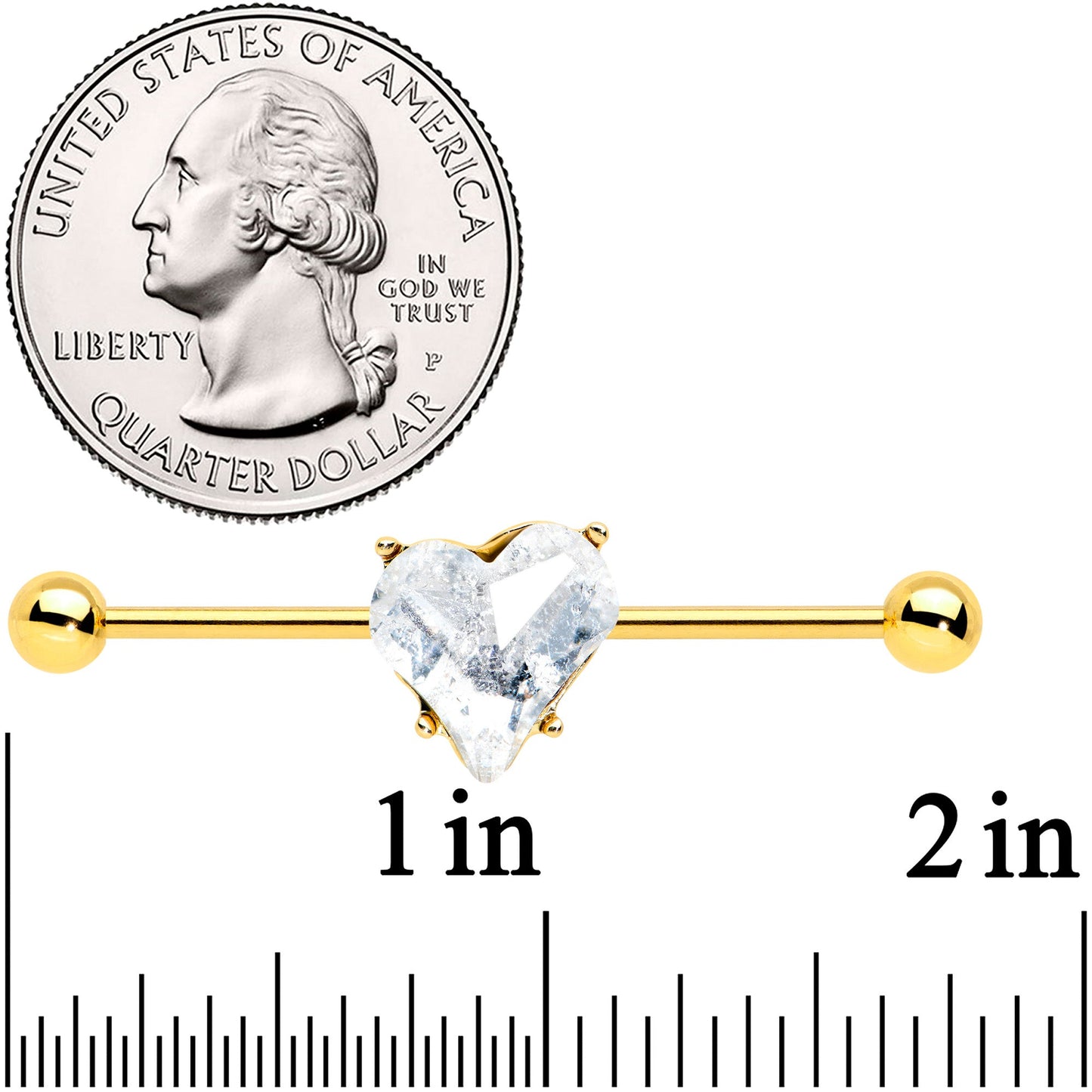 14G Clear Gem Gold Tone Heart Valentine Industrial Barbell 38mm