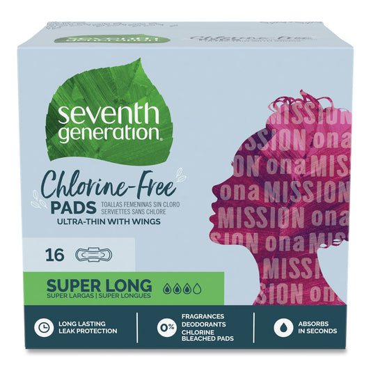Seventh Generation Chlorine-Free Ultra Thin Pads with Wings, Super Long, 16/Pack, 6 Packs/Carton
