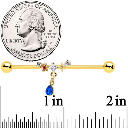 14G Clear Blue Gem Gold Tone Drop Dangle Industrial Barbell 38mm