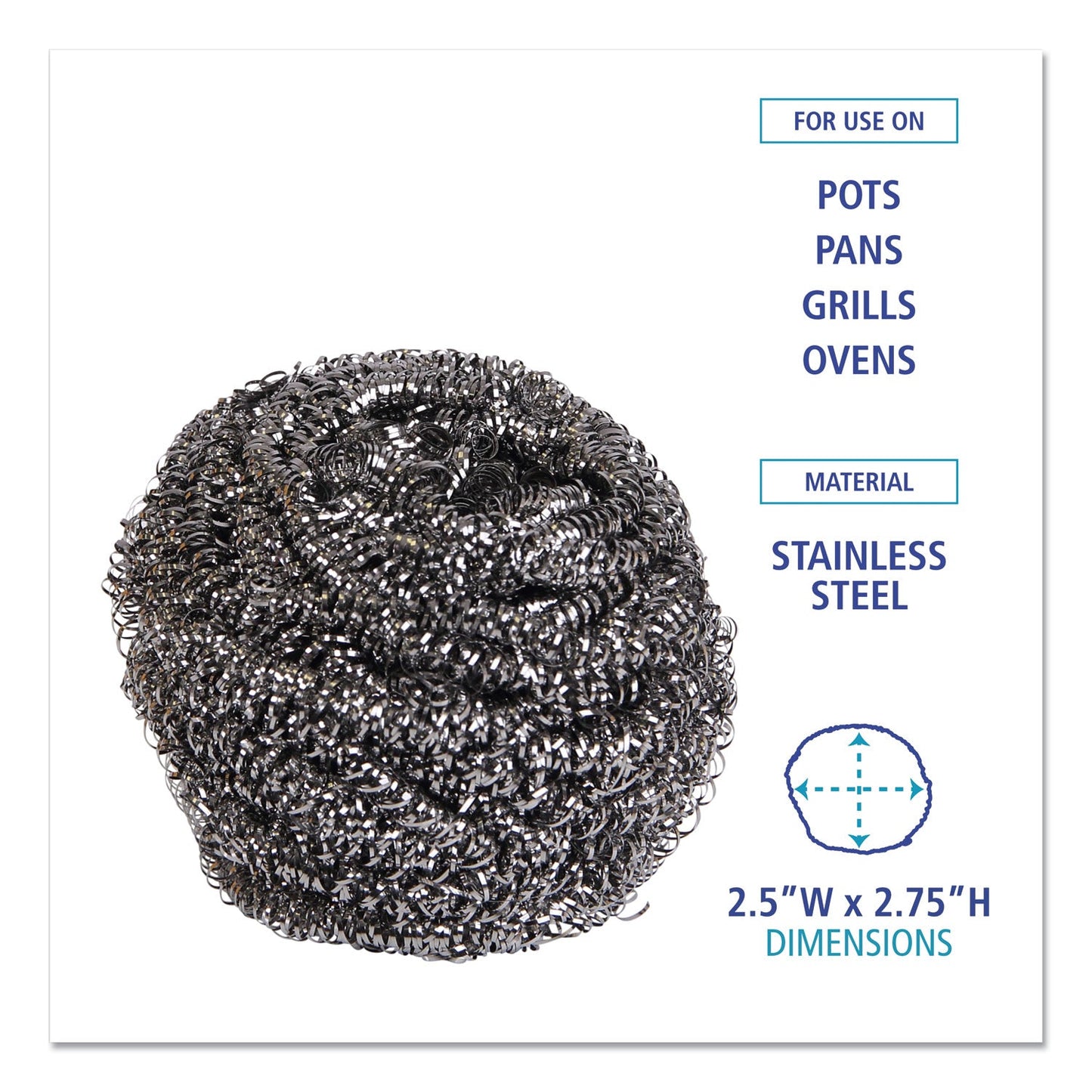 Boardwalk Stainless Steel Scrubber, Large Size, 2.5 x 2.75, Steel Gray, 12/Carton