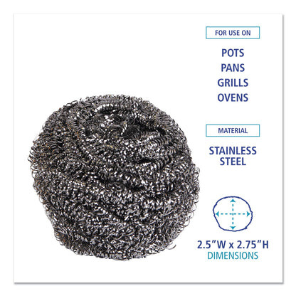 Boardwalk Stainless Steel Scrubber, Large Size, 2.5 x 2.75, Steel Gray, 12/Carton