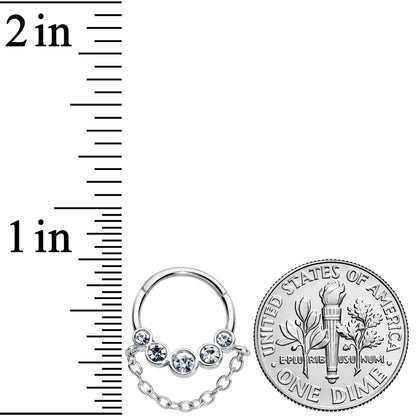 16G 3/8 Clear Gem Trio Chain Dangle Hinged Segment Ring
