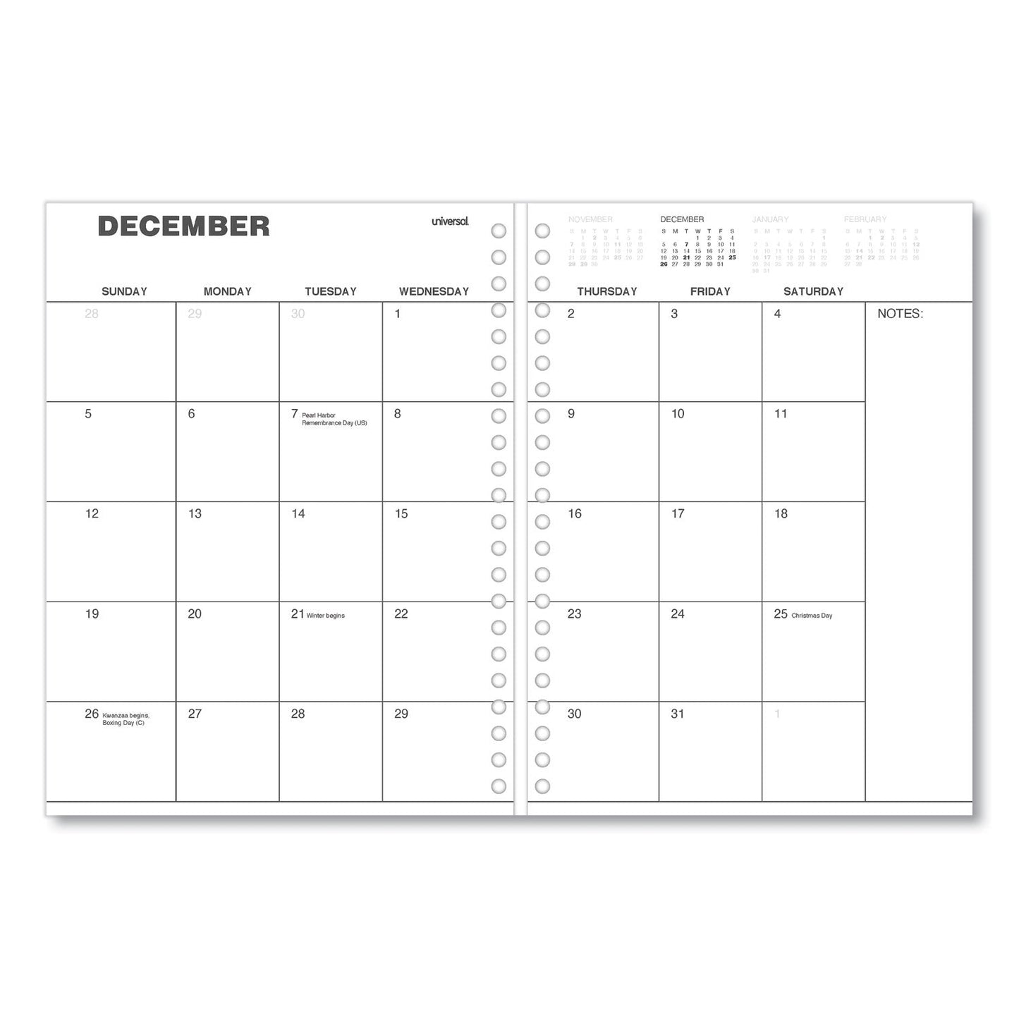 Universal Weekly Planner, 11 x 8, Black Cover, 14-Month, Dec 2022 through Jan 2024