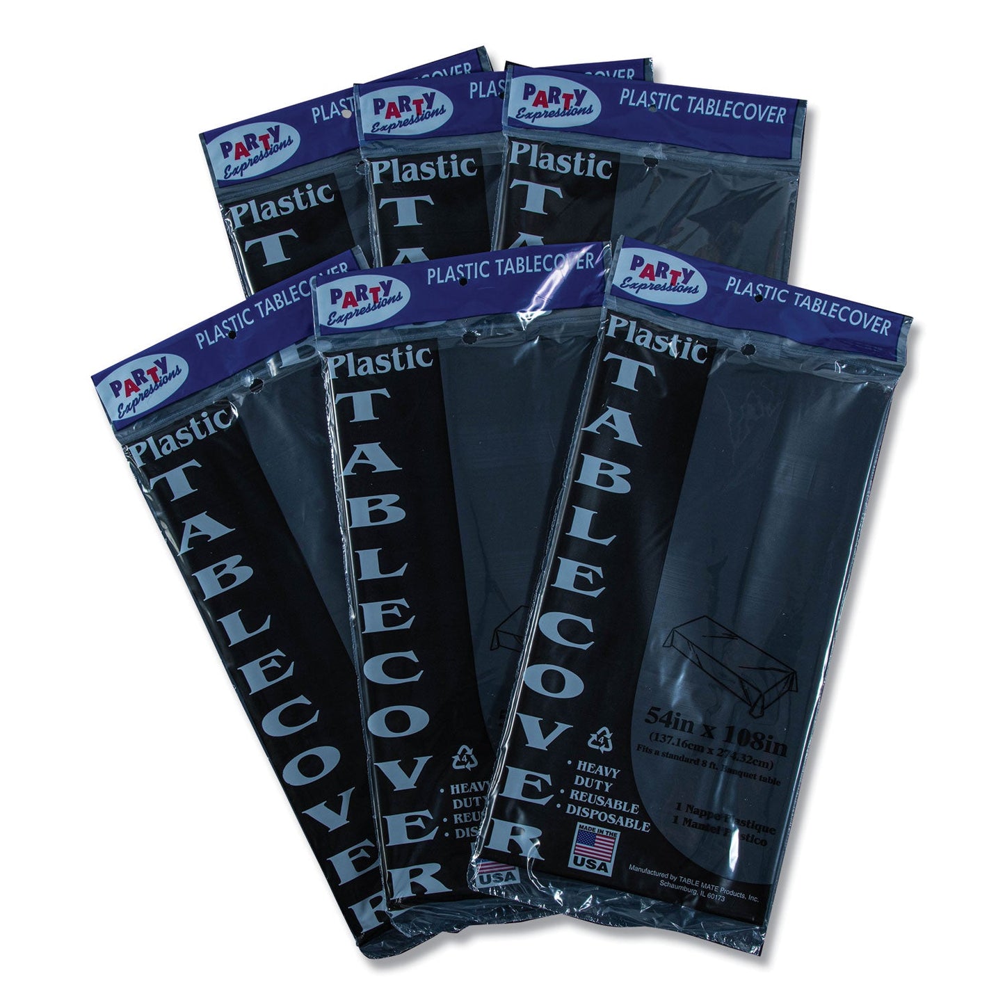 Tablemate Table Set Rectangular Table Covers, Heavyweight Plastic, 54" x 108", Black, 6/Pack