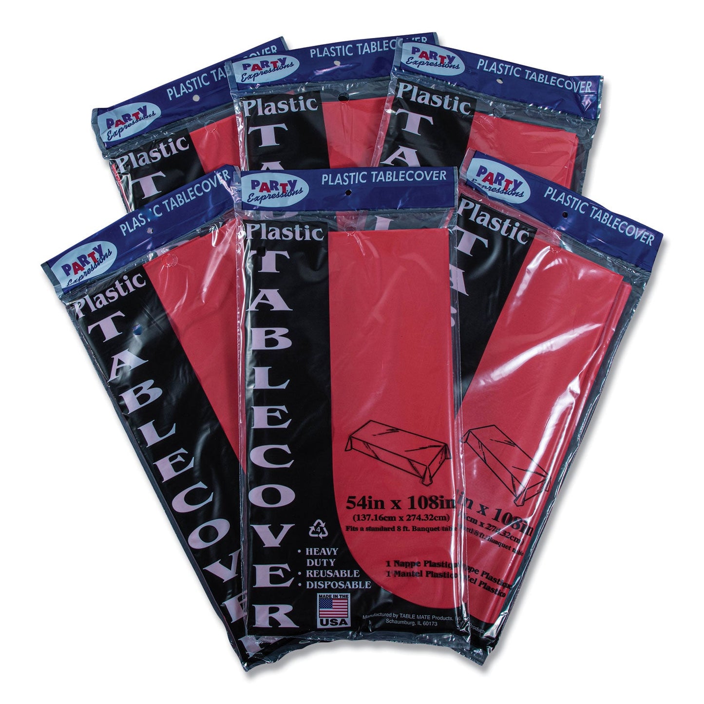 Tablemate Table Set Rectangular Table Cover, Heavyweight Plastic, 54" x 108", Red, 6/Pack