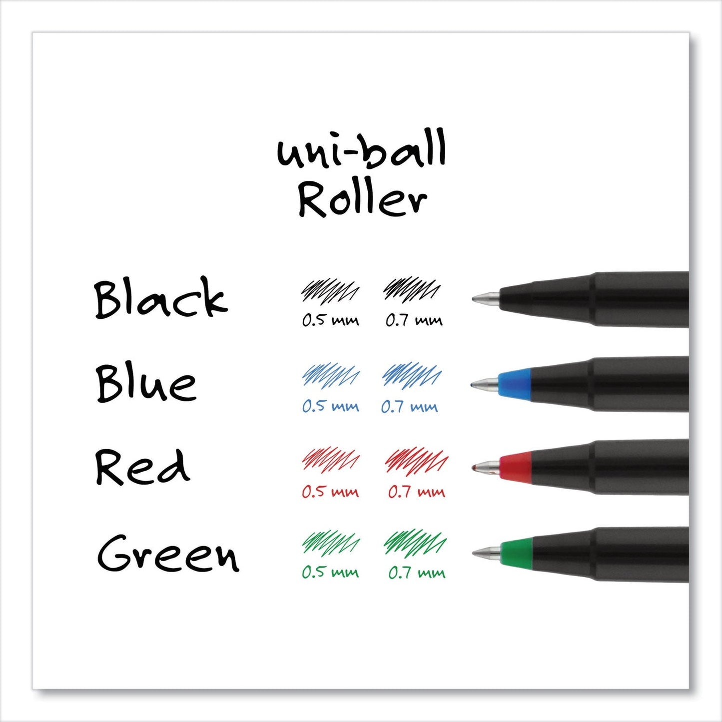 uniball Roller Ball Pen, Stick, Micro 0.5 mm, Green Ink, Black Matte Barrel, Dozen