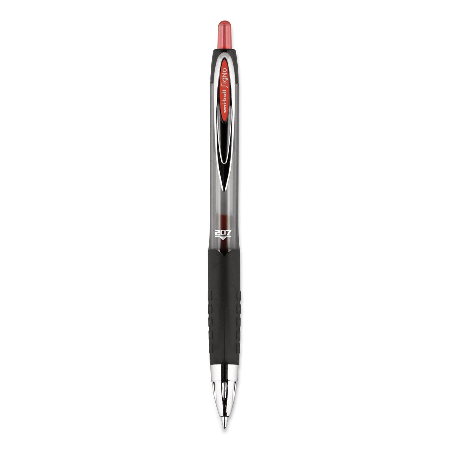 uniball Signo 207 Gel Pen, Retractable, Medium 0.7 mm, Red Ink, Smoke/Black/Red Barrel, Dozen