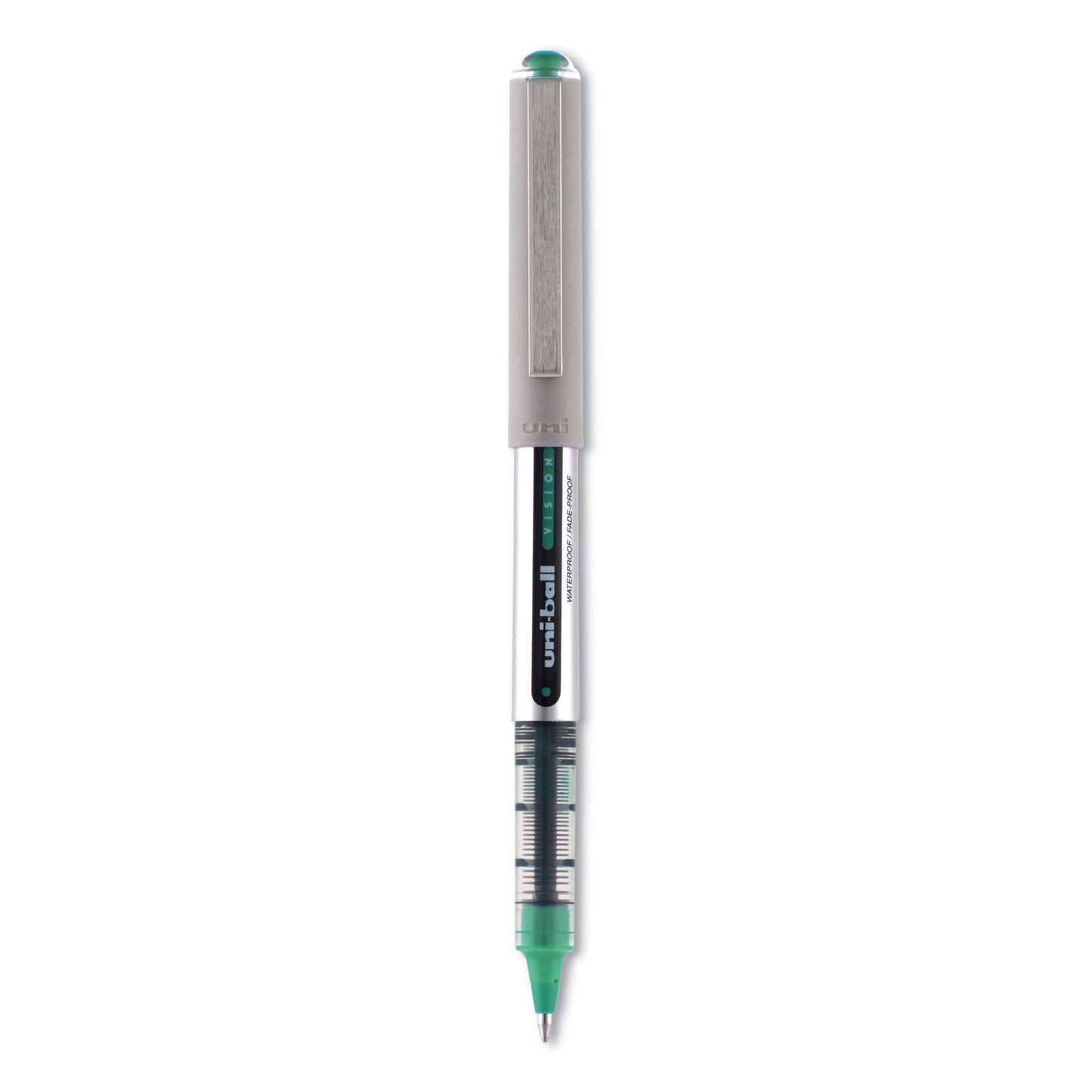 uniball VISION Roller Ball Pen, Stick, Fine 0.7 mm, Evergreen Ink, Gray Barrel, Dozen