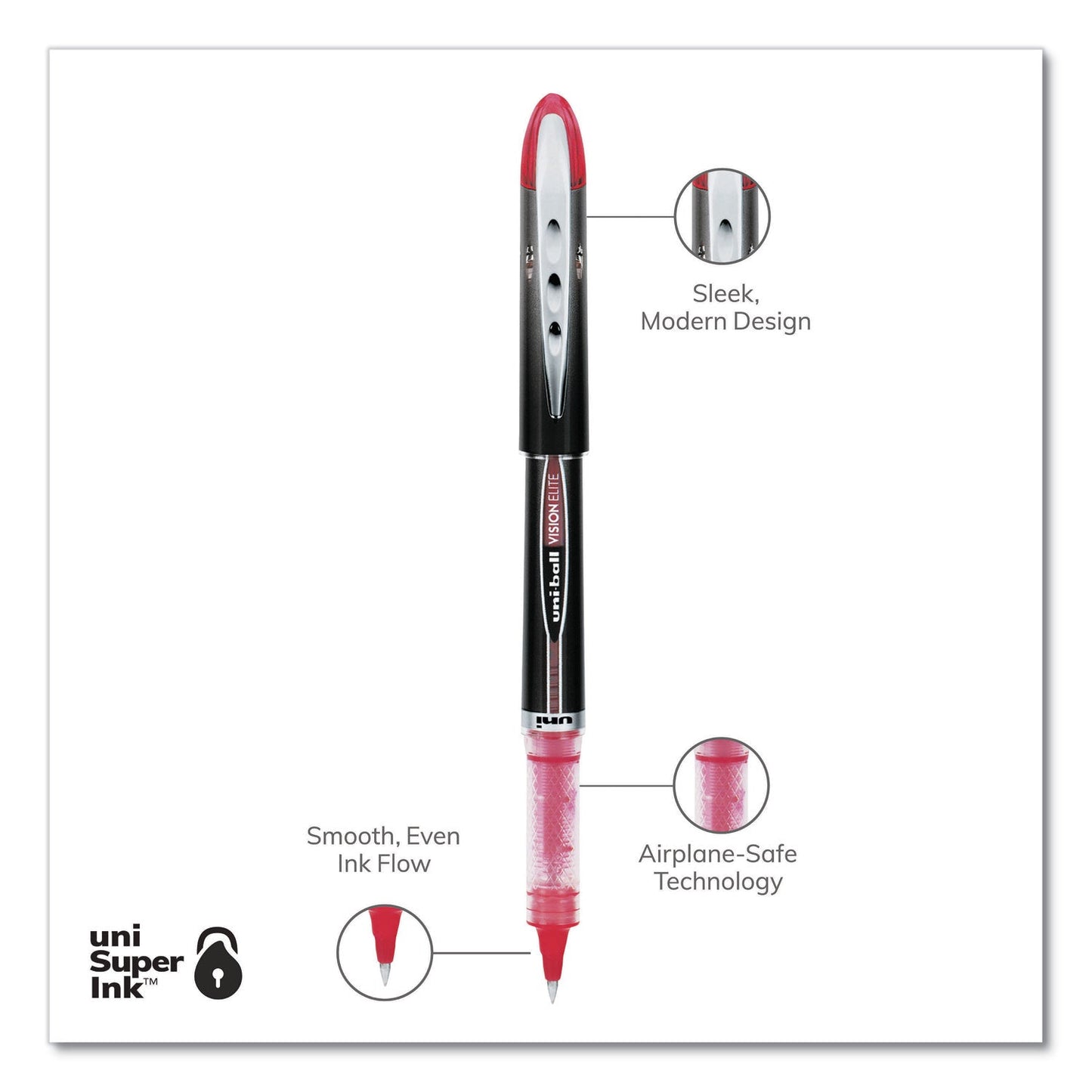 uniball VISION ELITE Roller Ball Pen, Stick, Extra-Fine 0.5 mm, Red Ink, Black/Red Barrel