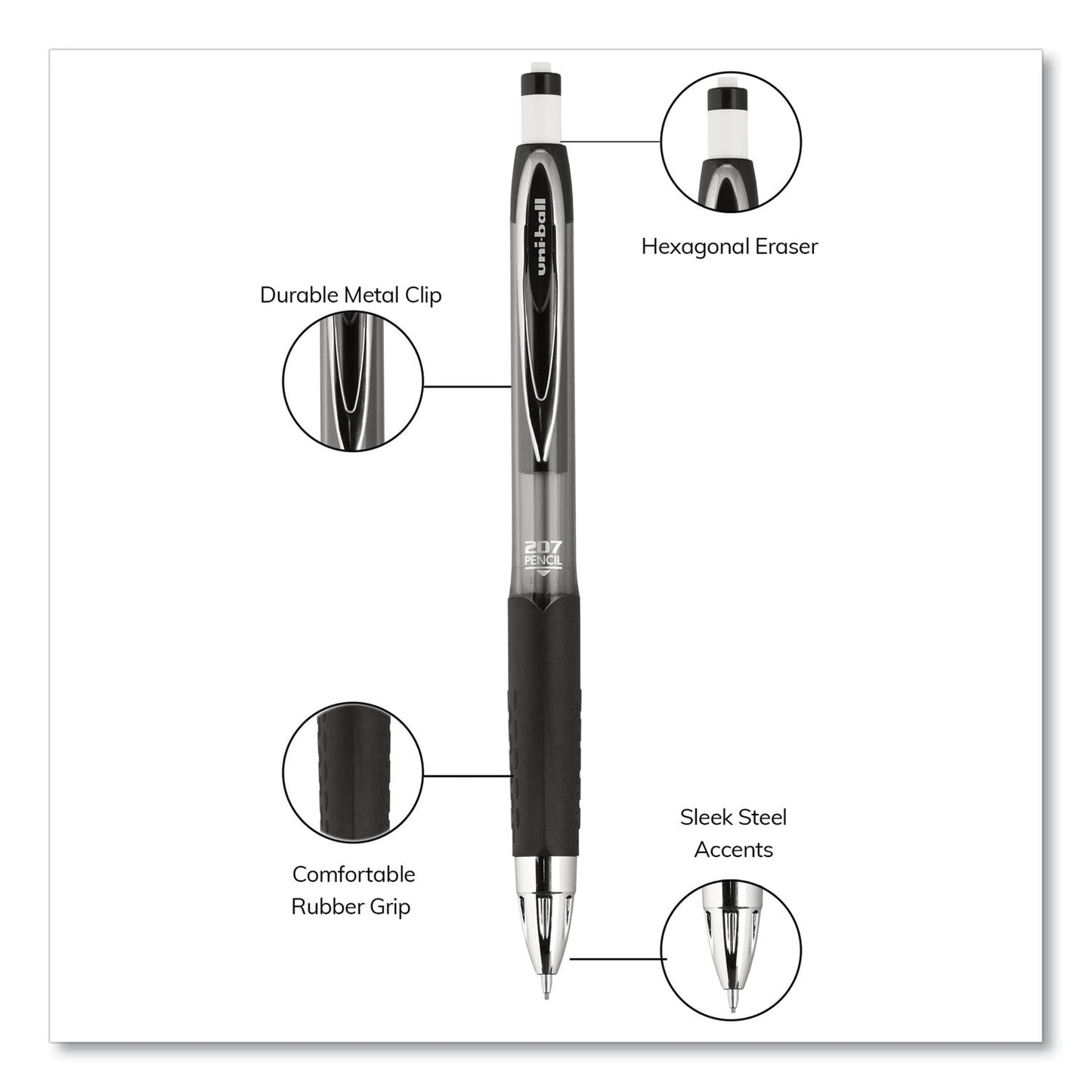 uniball 207 Mechanical Pencil with Lead and Eraser Refills, 0.7 mm, HB (#2), Black Lead, Assorted Barrel Colors, 3/Set
