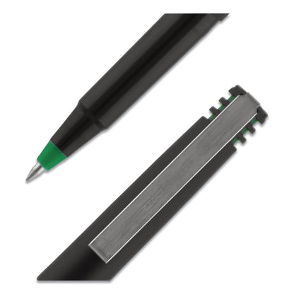 uniball Roller Ball Pen, Stick, Fine 0.7 mm, Green Ink, Black Matte Barrel, Dozen