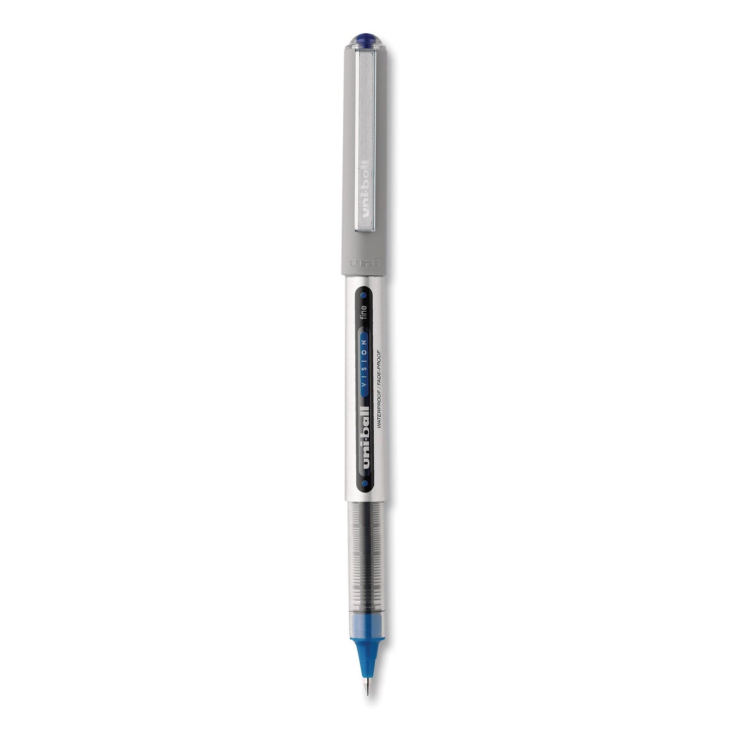 uniball VISION Roller Ball Pen, Stick, Fine 0.7 mm, Blue Ink, Blue/Gray Barrel, Dozen