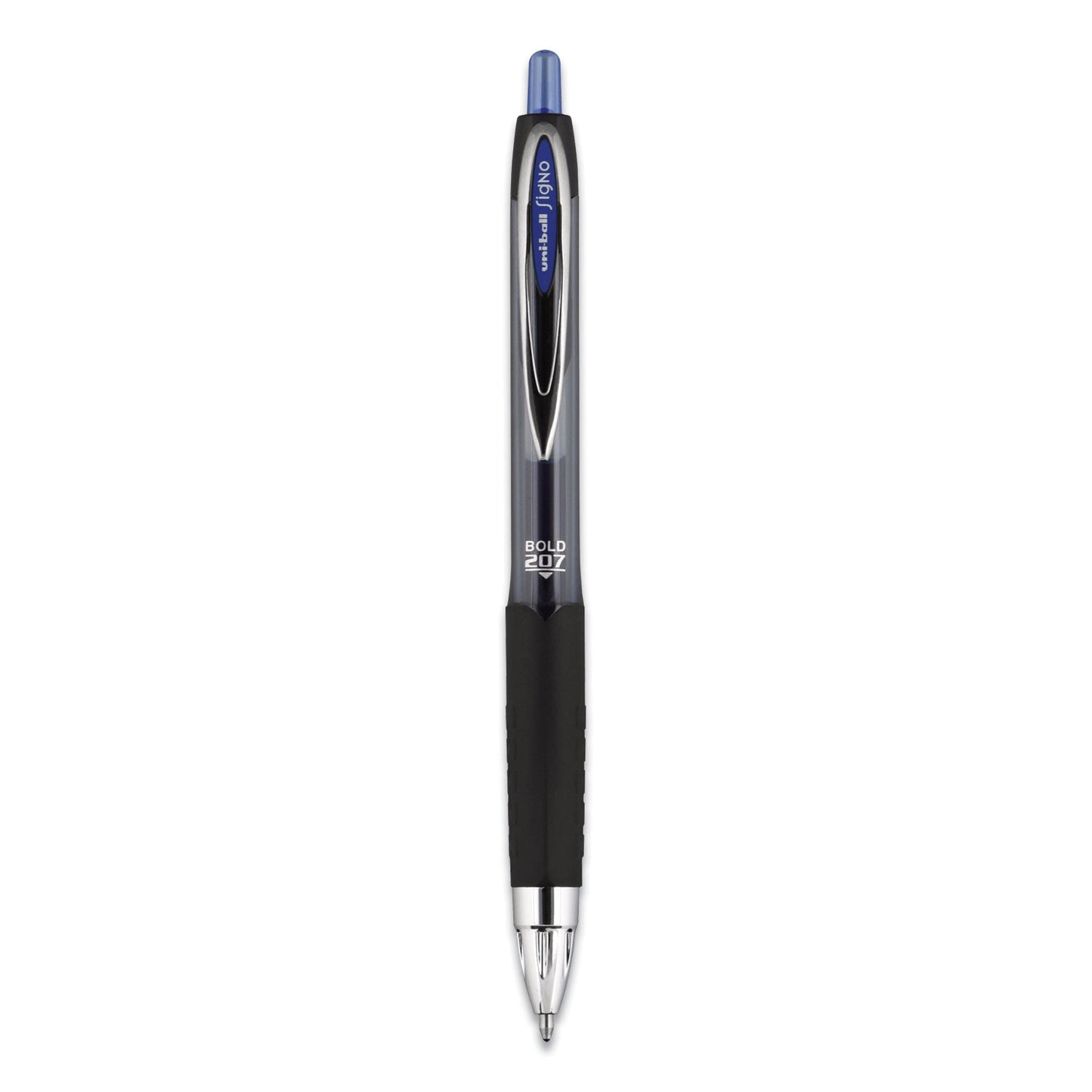 uniball Signo 207 Gel Pen, Retractable, Bold 1 mm, Blue Ink, Black/Blue Barrel, Dozen
