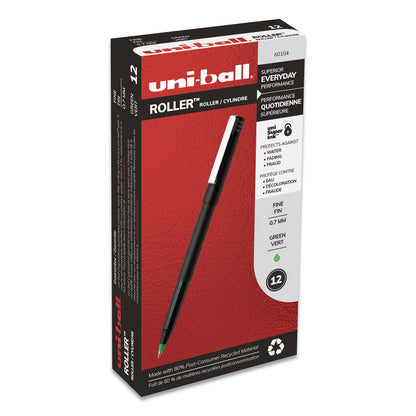 uniball Roller Ball Pen, Stick, Fine 0.7 mm, Green Ink, Black Matte Barrel, Dozen