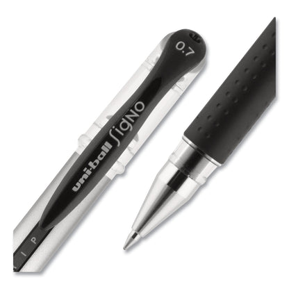 uniball Signo GRIP Gel Pen, Stick, Medium 0.7 mm, Black Ink, Silver/Black Barrel, Dozen