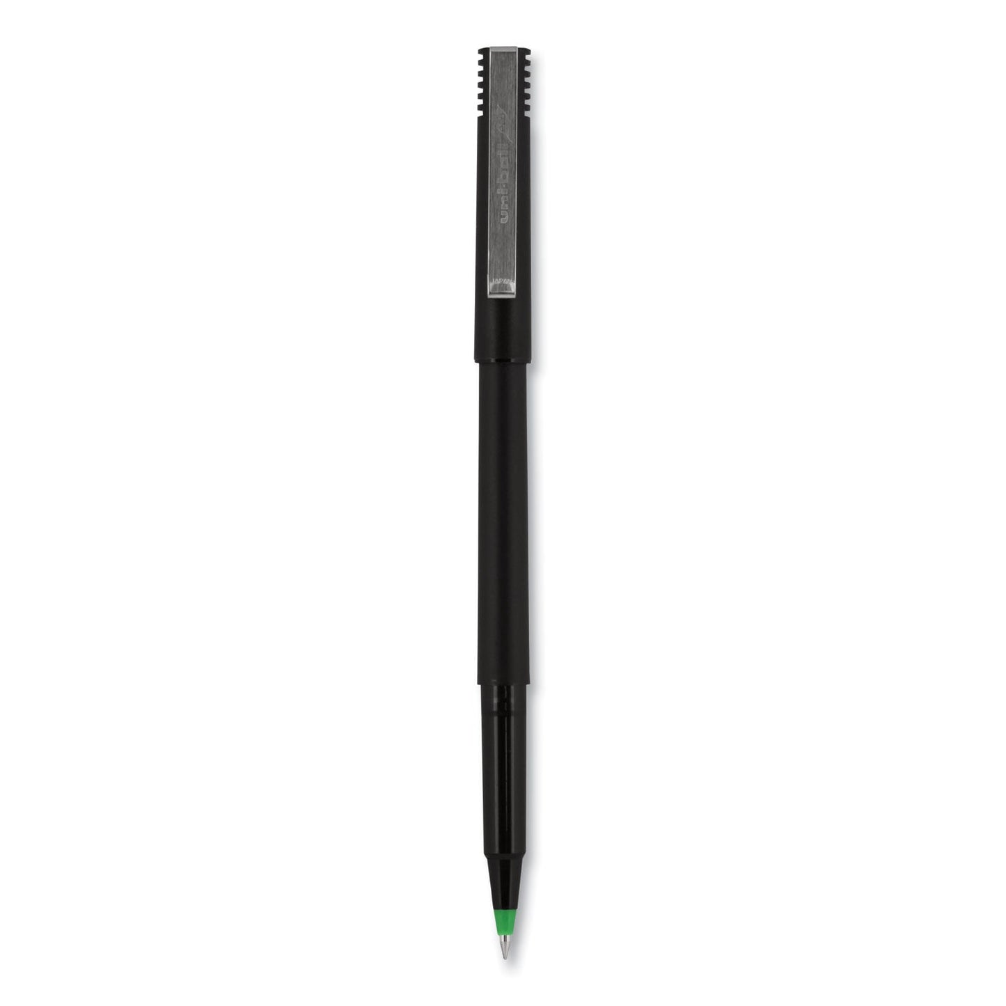 uniball Roller Ball Pen, Stick, Fine 0.7 mm, Green Ink, Black Matte Barrel, Dozen