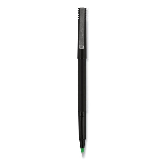 uniball Roller Ball Pen, Stick, Fine 0.7 mm, Green Ink, Black Matte Barrel, Dozen