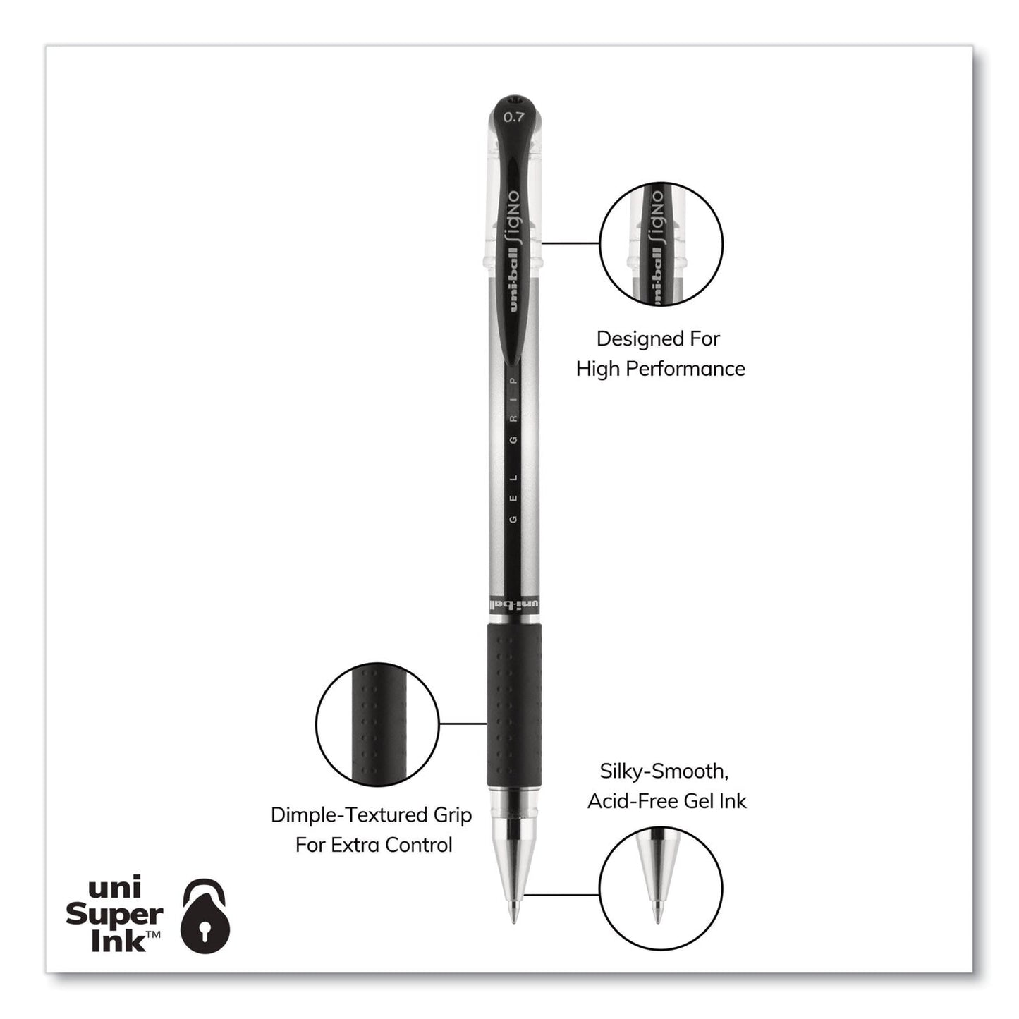 uniball Signo GRIP Gel Pen, Stick, Medium 0.7 mm, Black Ink, Silver/Black Barrel, Dozen