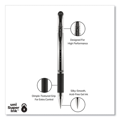 uniball Signo GRIP Gel Pen, Stick, Medium 0.7 mm, Black Ink, Silver/Black Barrel, Dozen