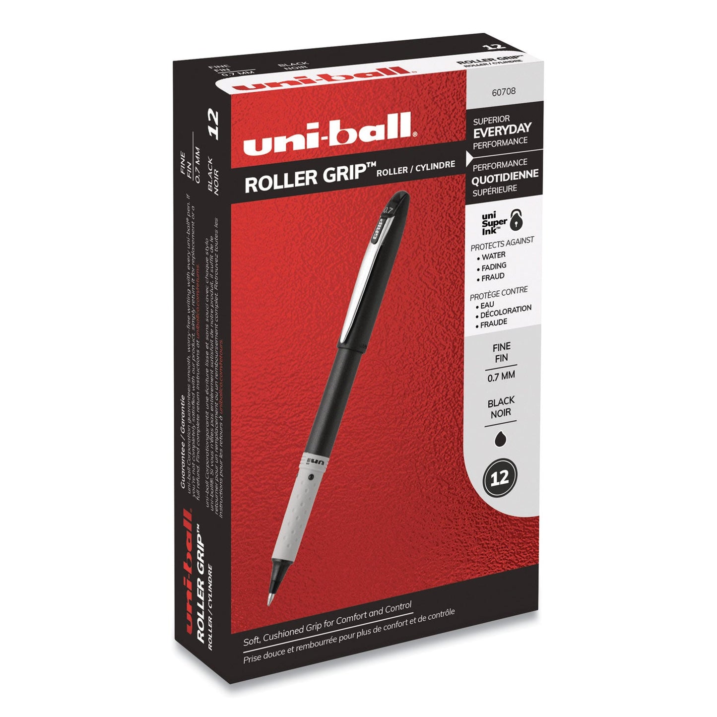uniball Grip Roller Ball Pen, Stick, Fine 0.7 mm, Black Ink, Black Barrel, Dozen