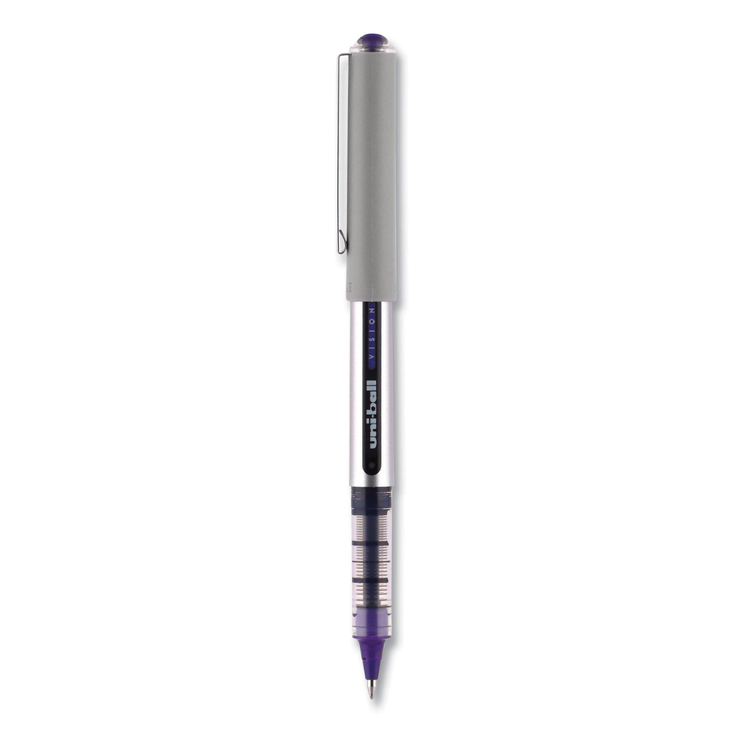 uniball VISION Roller Ball Pen, Stick, Fine 0.7 mm, Majestic Purple Ink, Gray Barrel, Dozen