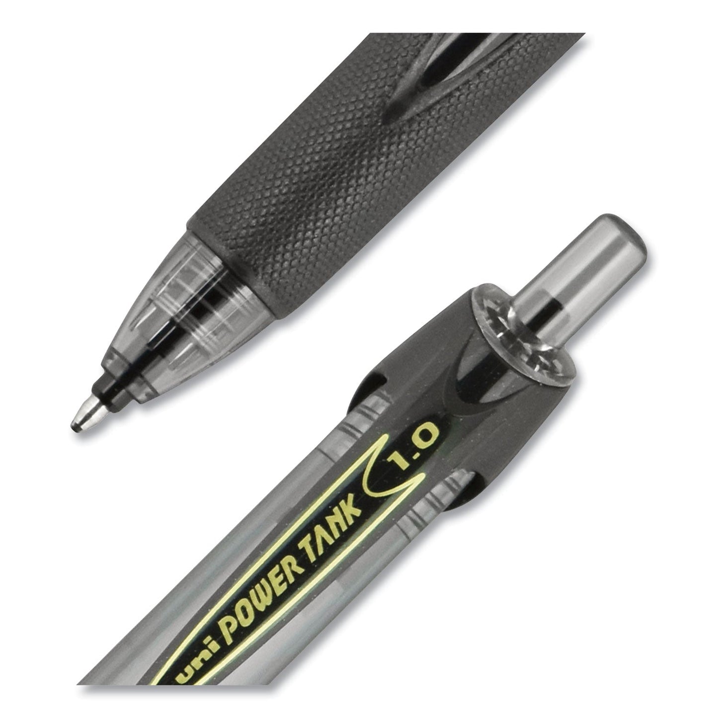 uniball Power Tank RT Ballpoint Pen, Retractable, Bold 1 mm, Black Ink, Smoke/Black Barrel, Dozen
