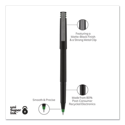 uniball Roller Ball Pen, Stick, Fine 0.7 mm, Green Ink, Black Matte Barrel, Dozen