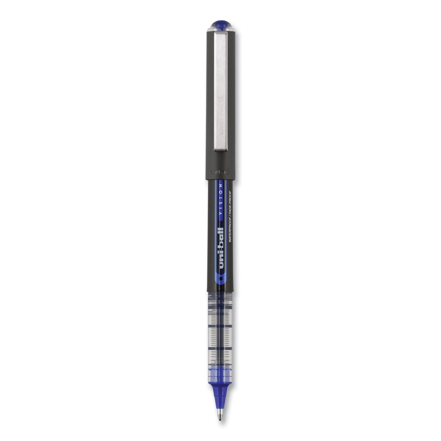 uniball VISION Roller Ball Pen, Stick, Bold 1 mm, Blue Ink, Black/Blue Barrel, Dozen