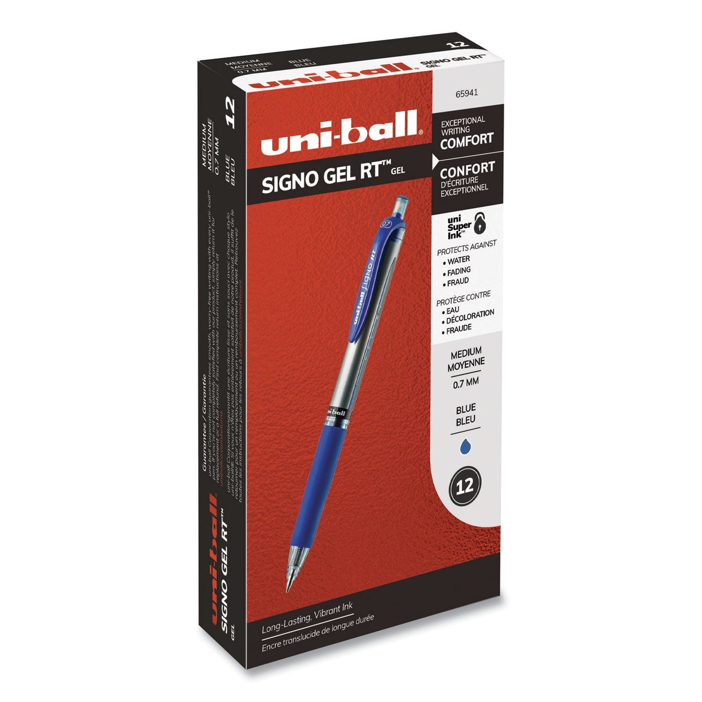 uniball Signo Gel Pen, Retractable, Medium 0.7 mm, Blue Ink, Blue/Metallic Accents Barrel, Dozen